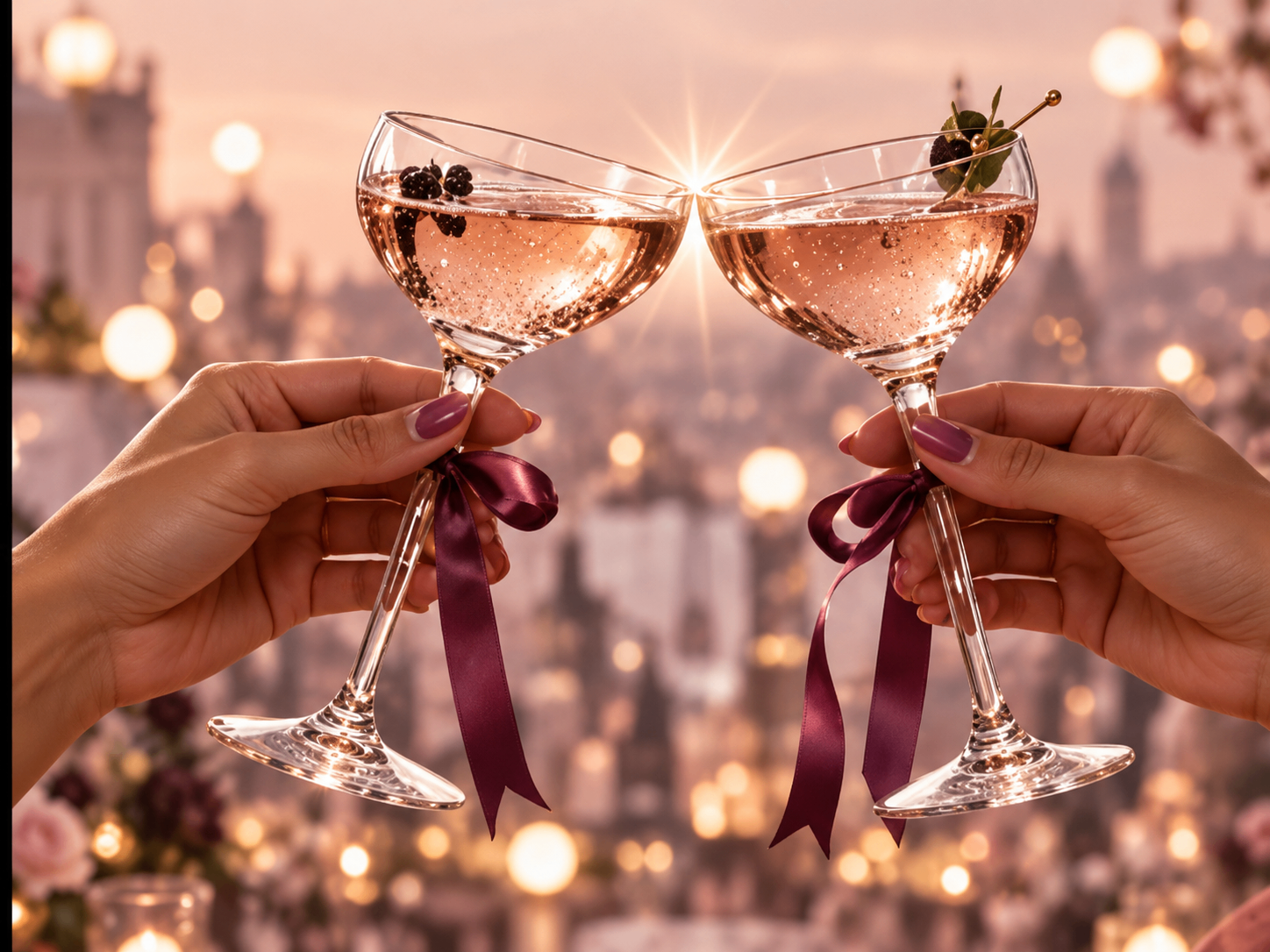Two hands clinking blush cocktails tied with damson ribbons
